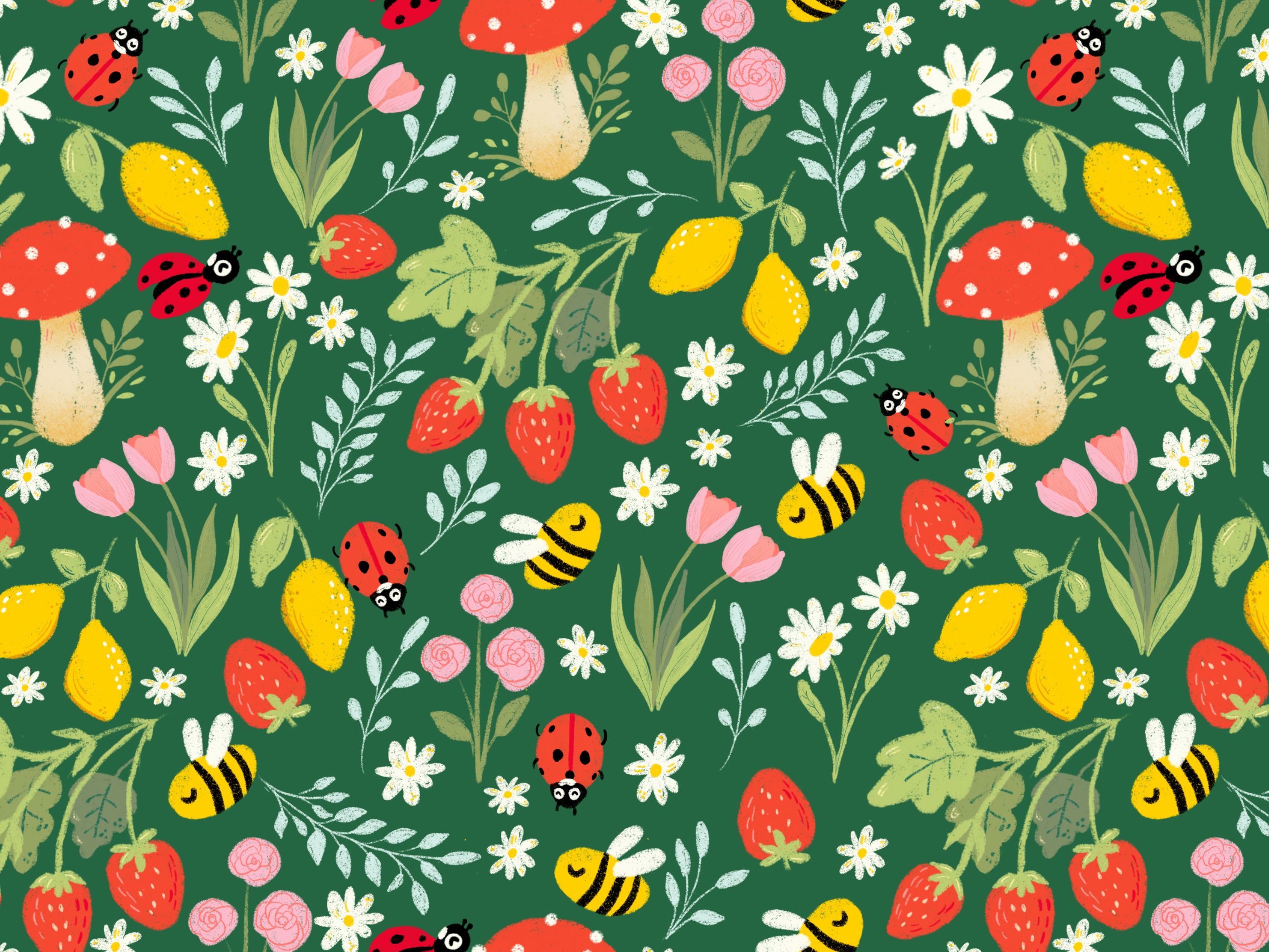 spring garden beetle floral illustration pattern