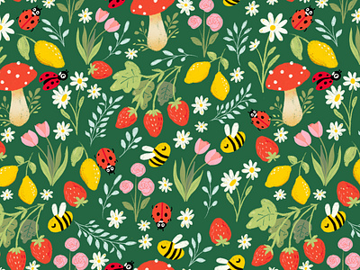 spring garden beetle floral illustration pattern