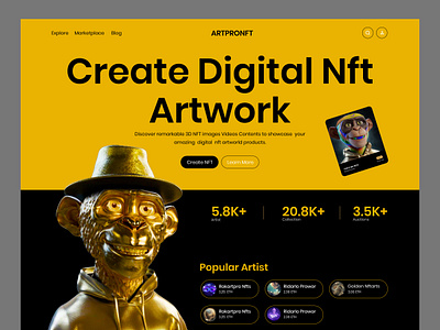 NFT Landing Page 3d art blockchain crypto landing page marketplace monkey nft ui