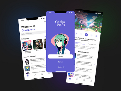 Anime podcasts mobile app anime app application audio blue design ios mobile otaku player podcast podcasts stablediffusion ui