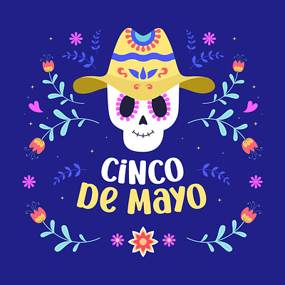 Cinco de mayo illustration. A skull wearing a yellow hat. 5 may blue cinco de mayo decorative design flowers hat illustration poster skull spanish yellow