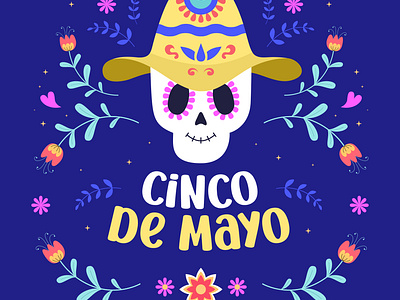 Cinco de mayo illustration. A skull wearing a yellow hat. 5 may blue cinco de mayo decorative design flowers hat illustration poster skull spanish yellow