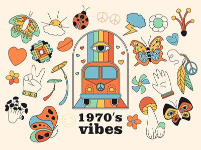 Set of hipster retro psychedelic elements 1970s flat illustration retro vector