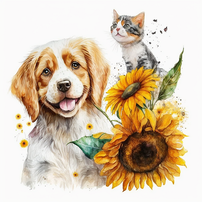 Dog with Cat Watercolor illustration portrait with sunflowers branding design graphic design illustration logo typography vector