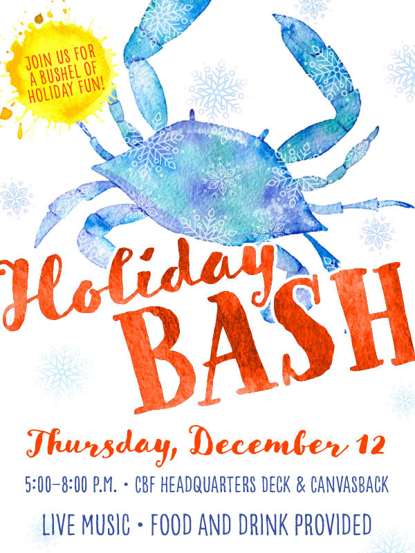 Holiday Bash invitation featuring watercolor rendering of a blue crab and snowflakes