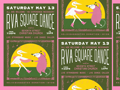 RVA Square Dance Posters animals dance dancing design event branding event identity gig poster graphic design illustration music music branding opossum possum poster design richmond rva square dance typography western wood type