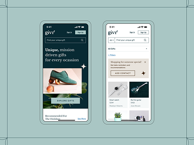 Givr UX/UI Design app app design design e commerce figma gift givr graphic design green illustration iphone line linear mission driven pattern ui user experience ux vector