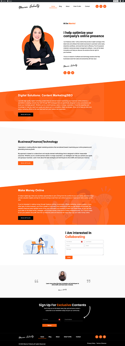 Marivic Flaherty's Website banner branding elementor freelancer logo portfolio webdesign