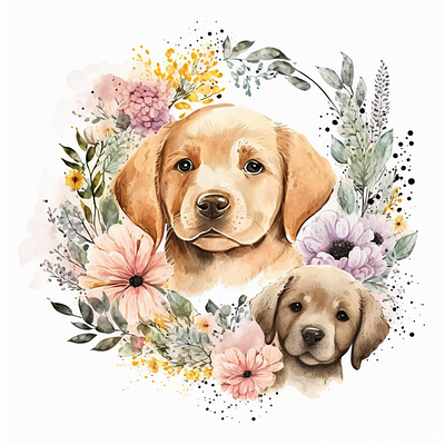 Beautiful Puppies Watercolor Portrait Illustration With Flowers branding design graphic design illustration logo vector