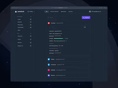 Dark Mode Dashboard Exploration for Passlock dark mode dark ui dashboard dashboard design dashboard kit dashboard ui password password manager product design product ui security security apps ui kit web app