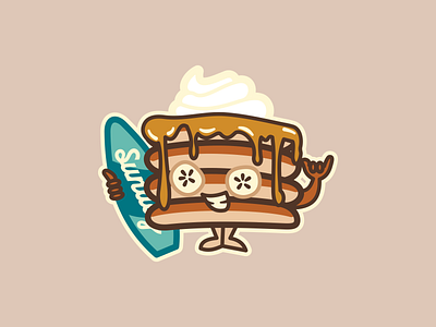 Banana Pancake Surfer banana pancake branding breakfast breakfast mascot brown design food mascot graphic design illustration logo mascot ocean pacific pancakes pastry surfer sweet treat syrup vector whipped cream