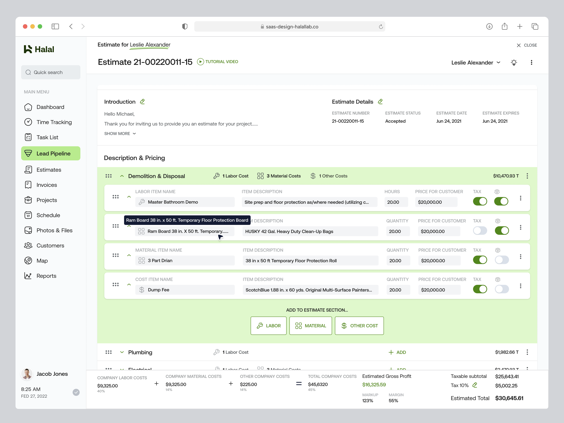 Lead Pipeline > To Be Estimated add cost bill construction management edit estimate invoice payment saas web app