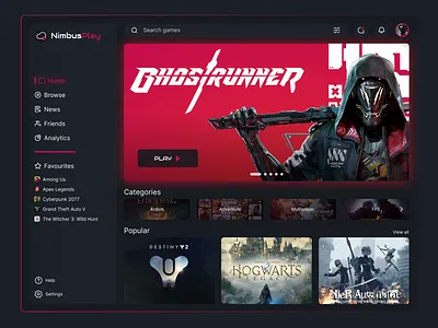 NimbusPlay - Cloud Gaming Dashboard application cloud cloud gaming dashboard design desktop interface gaming gaming dashboard gaming design gaming interface minimal ui ux