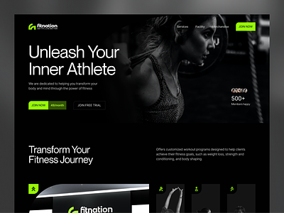Fitnation - Company Website barble brand collateral branding crossfit fitness gym health landing page modern muscle personal trainer popular service sport sport centre training ui web workout yoga