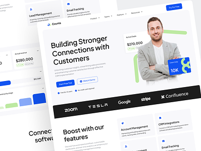 Counta - CRM Software Landingpage actions assistant business channel costumer engineer experience feedback landing page metrics organization productivity saas slack teams ticketing ui web app website workflow