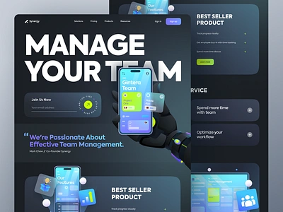 Synergy - Team Management Landing Page 2d illustration app collaboration dark mode design device employees figma gintera graphic design illustration landing page minimal planner robotic task management team management tool ui website