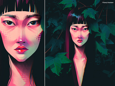 Study(East Asian Muses) asian character design editorial illustration freelance illustrator girl illustration illustrator procreate samji illustrator tropical