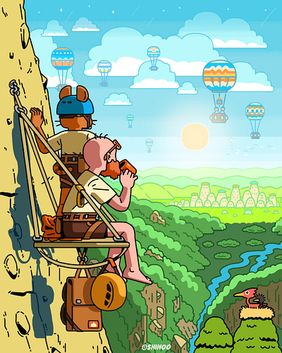 Shinoo's personal creations #04 adventure balloon cartoon cat illustration mountain rest rock climbing