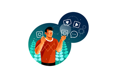 Man with social media app logo interface