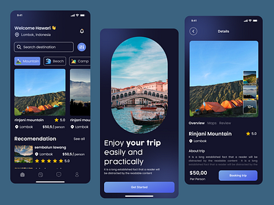 Exploration - Travel Mobile App - Dark Mode app app design branding clean dark mode design minimalist mobile mobile app mobile design mobile ui sosial media tourism travel travel app travelling trip ui ux