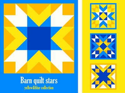 Barn quilt stars, yellow and blue collection barn quilt blue blue and yellow flower graphic design illustration logo patchwork pattern quilt quilting slanapotam star stars ukraine ukrainian vector yellow yellow and blue