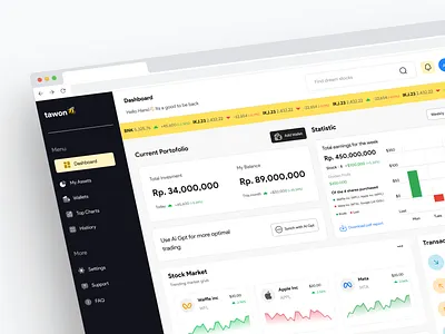 tawon🐝 - Stock Investment Dashboard dashboard crypto dashboard nft dashboard saham dashboard stock ui crypto ui design ui minimalist ui nft ui saham ui stock waffle space