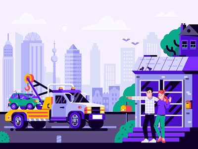 Tow Truck Services broken car delivery evacuator flat design illustration machine services tow truck