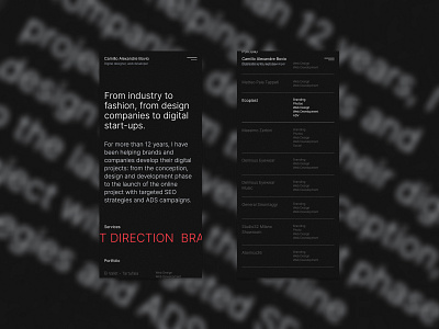 Camillo Bovio's portfolio website branding dark design font graphic design layout mobile red detail responsive responsive design typography ui user experience design user interface design ux web design website