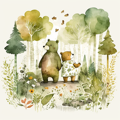 forest bears ai bear bears design draw fashion forest graphic design green ia illustration midjourney painting print watercolor