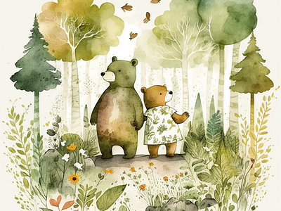 forest bears ai bear bears design draw fashion forest graphic design green ia illustration midjourney painting print watercolor