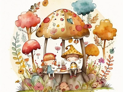 kids mushroom house ai childrem colorful design draw fashion flowers forest garden graphic design house ia illustration kids midjourney mushroom painting print watercolor