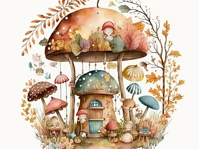 kids mushroom house ai childrem design draw fall fashion forest graphic design house ia illustration midjourney mushroom painting print watercolor