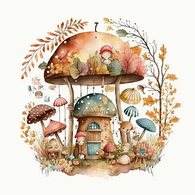 kids mushroom house ai childrem design draw fall fashion forest graphic design house ia illustration midjourney mushroom painting print watercolor