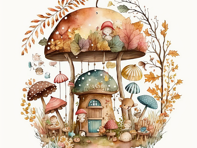 kids mushroom house ai childrem design draw fall fashion forest graphic design house ia illustration midjourney mushroom painting print watercolor