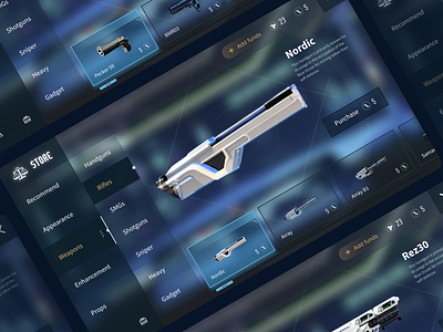 Sci-Fi Shooting Game's Store UI Design w/ AI Generated Dummies ai design dummies fps games generated image interface mobile scifi shooting stable diffusion ui