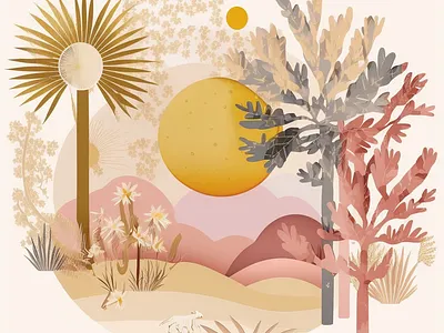 desert palms ai desert design draw fashion graphic design ia illustration midjourney mountains painting palm print sun sunset yellow