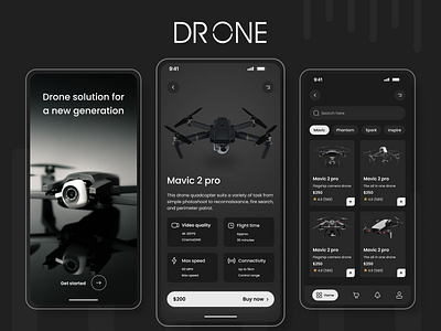 Drone - Shopping applications app application branding cam camara card cart dark design drone ecomerce figma illustration logo mobile mobile app shop shopping ui ux