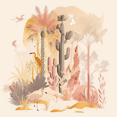 desert birds and palms ai art birds desert design draw fashion flamingo graphic design ia illustration midjourney painting palms print sunset tropical