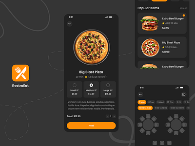 RestroEat - Restaurant Booking App app application booking branding card dark design figma food hotel illustration list logo mobile pizza restaurant table theam ui ux