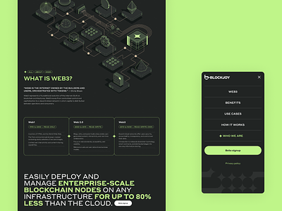 What is Web3 - Website design blockchain crypto cta dark decentralize design education green landing page menu mobile navigation technology timeline typography vector illustration web2 web3 webdesign website