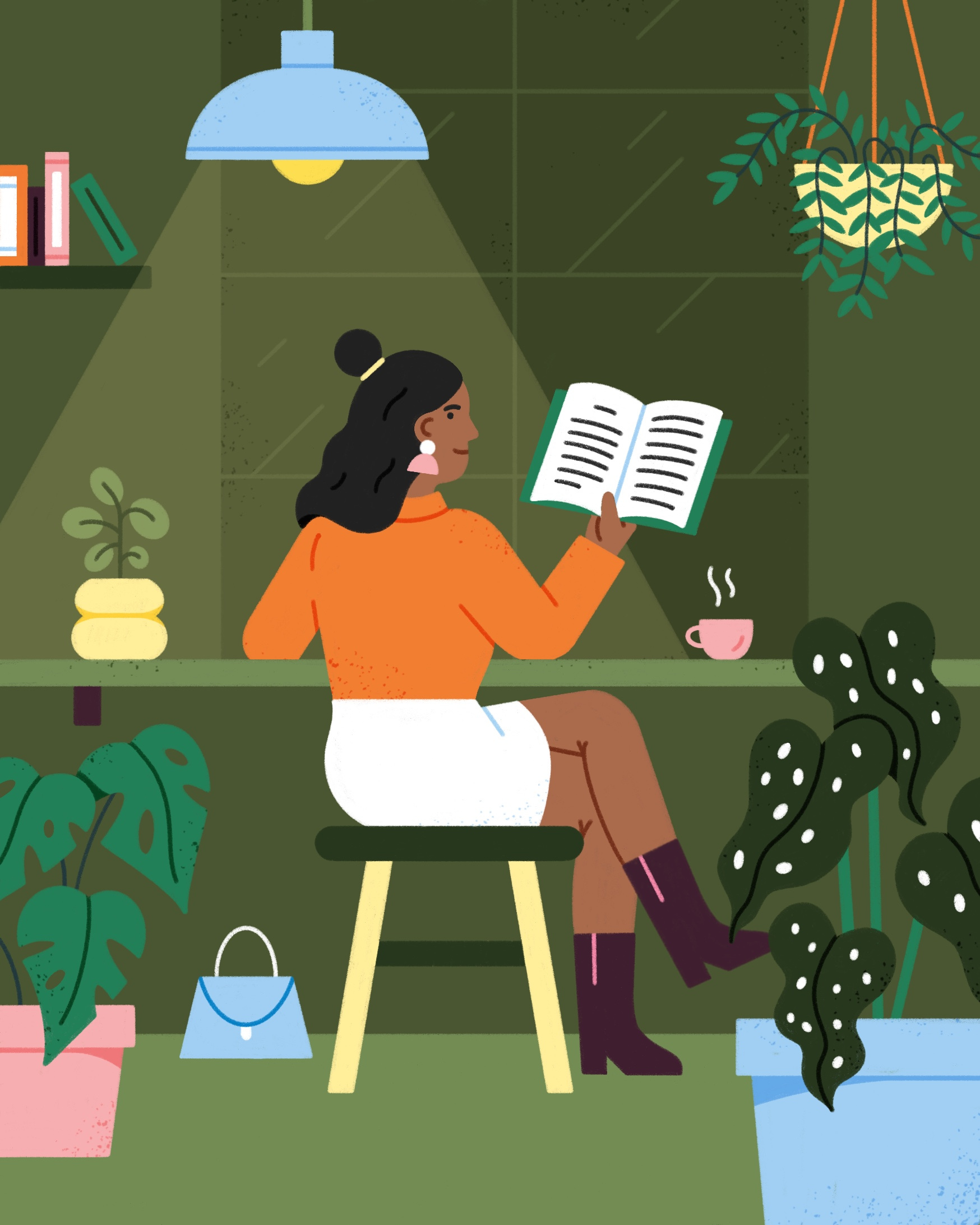 Girl in Café cafe coffee drawing dtiys illustration plantlady plants procreate reading