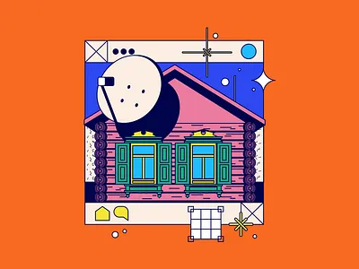 Glubinka house art blue flat home house illustration old orange rose web webart