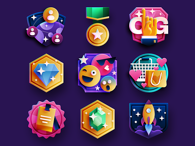 Awards Badges 3d achievements art badges branding bright character colorful crypto design emojis figma gemstone gradient icon illustration rocket shopping sparkles vector