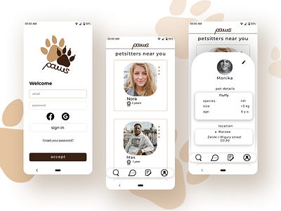 Paws/Pet-Sitting App app dog walking app google ux design certification logo pet sitting app ui ux