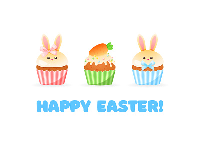 Happy Easter greeting card with cute cupcakes 2d art bakery banner bunny cake card carrot cartoon cupcake cute easter greeting holiday illustration invitation spring vector wish