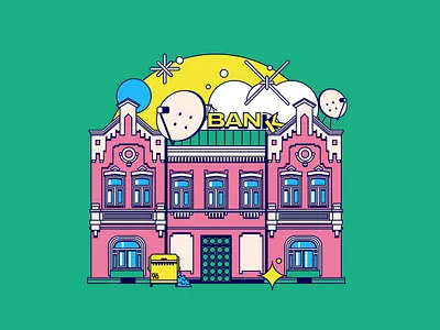 Bank art bank building flat green illustration pink