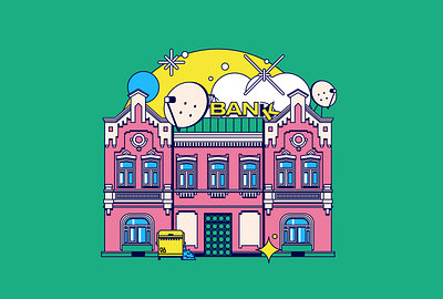 Bank art bank building flat green illustration pink