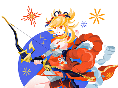 Yoimiya || Illustration art artwork behance bow character design fireworks game genshin impact graphic design illustration kimono nature red stylization vector yellow yoimiya yukata