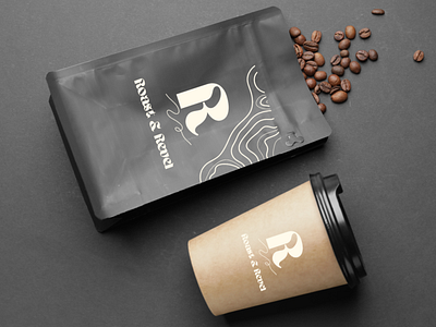 Roast & Revel Coffee Bag + Cup background brand board branding coffee coffee bag coffee company coffee cup coffee logo coffeecompany design graphic design illustration logo logo design