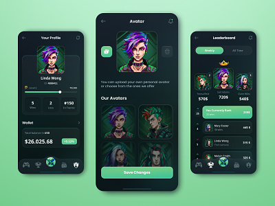 PIXO: Profile and Leaderboard screen account art avatar character cyberpunk game graphic design illustration leaderboard mobile app design nft p2e product design profile settings ui uiux user user interface vector